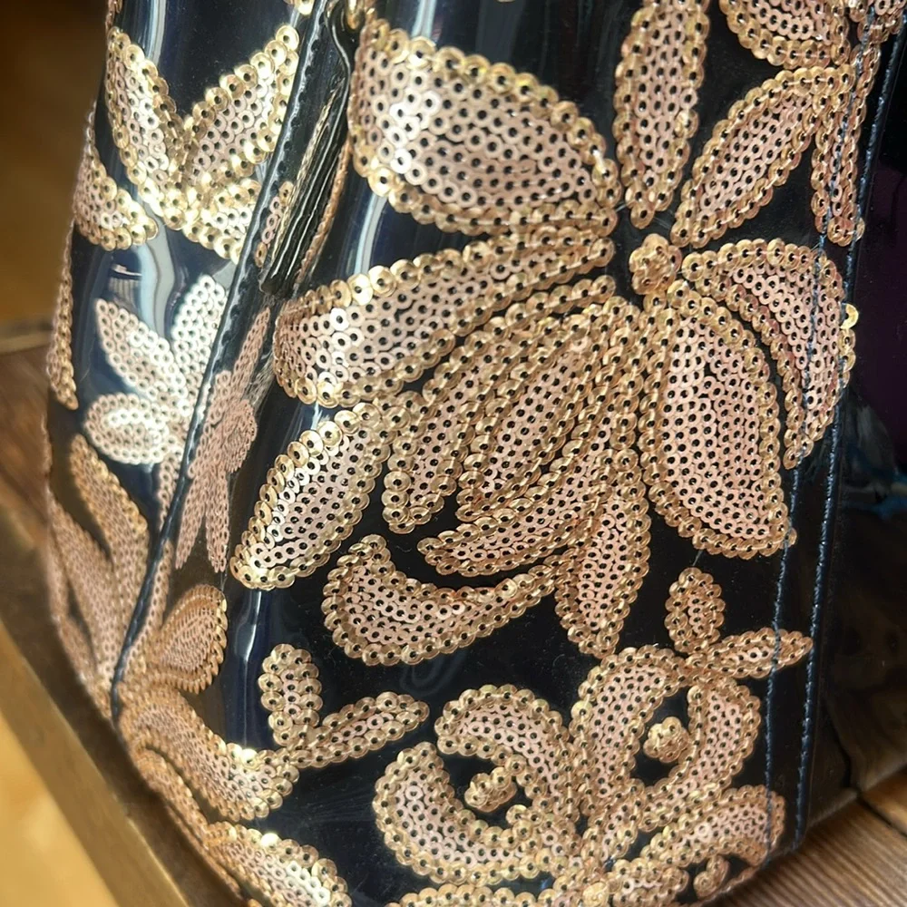 Like new—Patent Navy and Gold Sequin  Handbag w/removable, adjustable strap